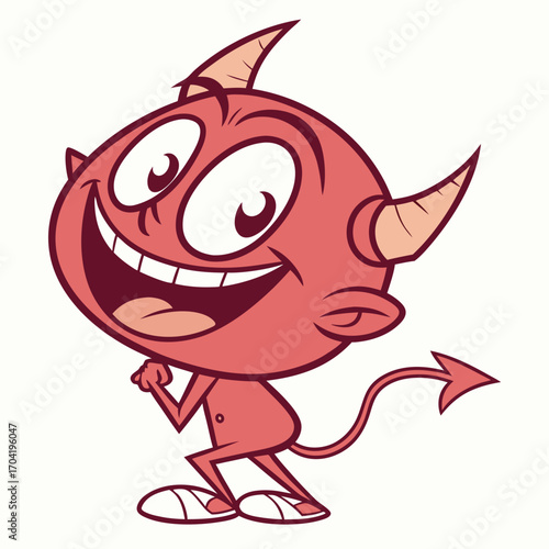 A mischievous cartoon devil with a wide grin and large eyes featuring horns a tail and a playful stance perfect for halloween or devilish themes