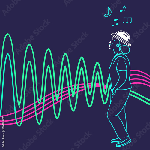 A person wearing a hat and headphones stands against a dark background enjoying music represented by colorful sound waves and musical notes floating above