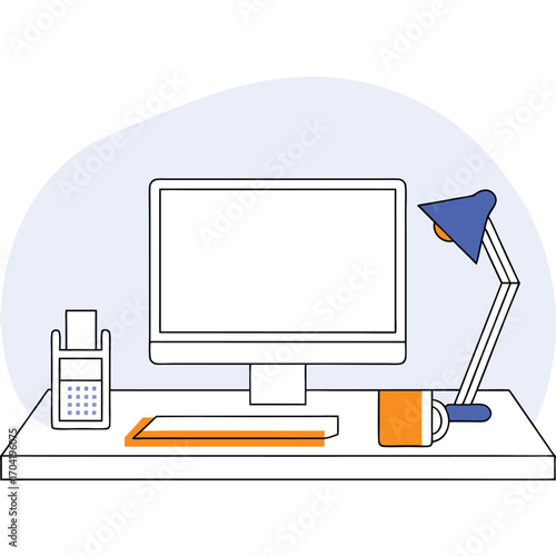 Vector art of a modern desk setup with a computer, keyboard, lamp, payment terminal, and mug, suggesting a home office or small business environment