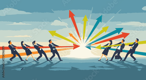 Business teams engaged in a tug of war, pulling against each other towards a burst of colorful arrows representing different goals.