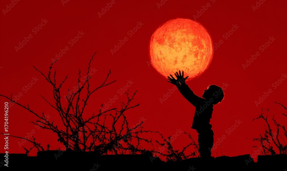 Obraz premium Silhouetted child reaching for a large, blood-red moon during twilight.