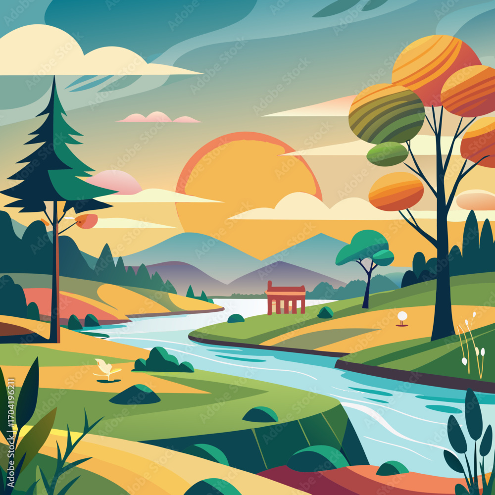 Fototapeta premium Breathtaking sunset over a tranquil river valley, a stylized landscape painting evoking peace and serenity, perfect for nature lovers and travel enthusiasts, a golden scenic vista