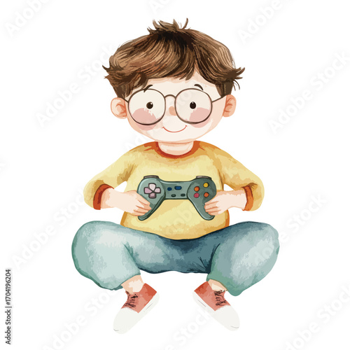 Playful Boy with Glasses Holding a Video Game Controller Squatting