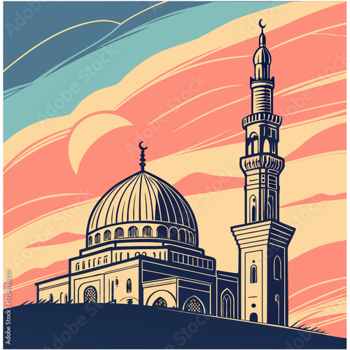 A stylized illustration of a mosque with a dome and minaret against a dramatic sunset sky with abstract cloud patterns in warm tones