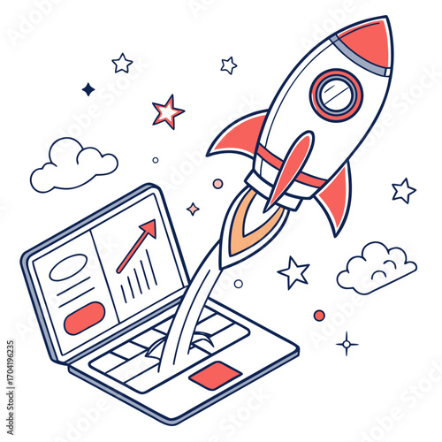 A stylized rocket launching from an open laptop screen with a rising graph symbolizing business growth startup success and digital innovation in a whimsical celestial setting