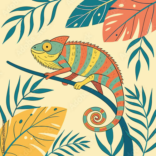 A vibrant and colorful cartoon illustration of a striped chameleon perched on a branch surrounded by lush tropical leaves and foliage in a playful and whimsical style