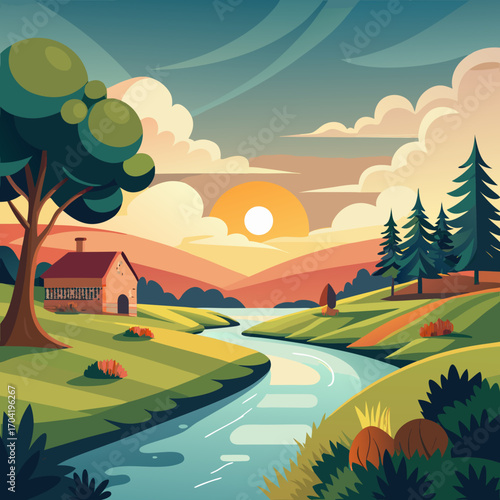 Serene countryside retreat with charming house nestled by the river, bathed in the warm glow of the sunset with rolling hills and peaceful atmosphere perfect for relaxation
