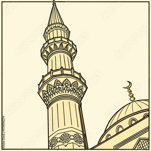 A stylized illustration of a minaret and dome of a mosque featuring intricate architectural details and a crescent moon symbol against a plain background
