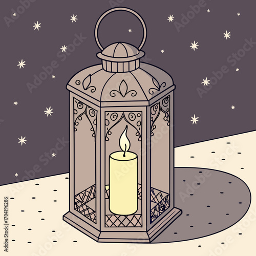 A vintage style ornate metal lantern with a lit candle inside casting a warm glow against a dark starry night sky and a patterned surface