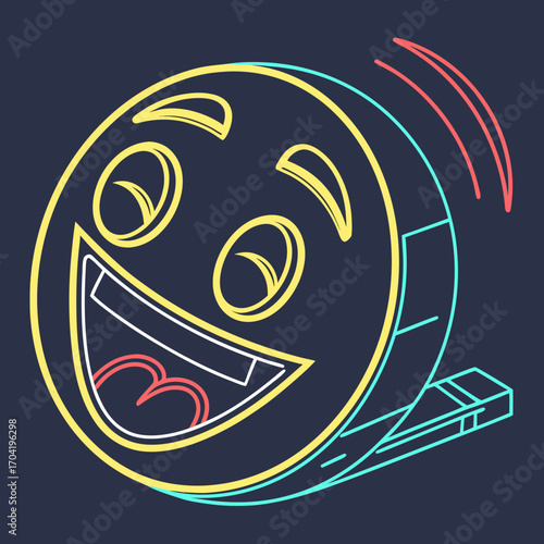 A vibrant and energetic cartoon emoji with a wide open mouth and joyful expression rendered in bright neon outline colors against a dark background conveying excitement and happiness