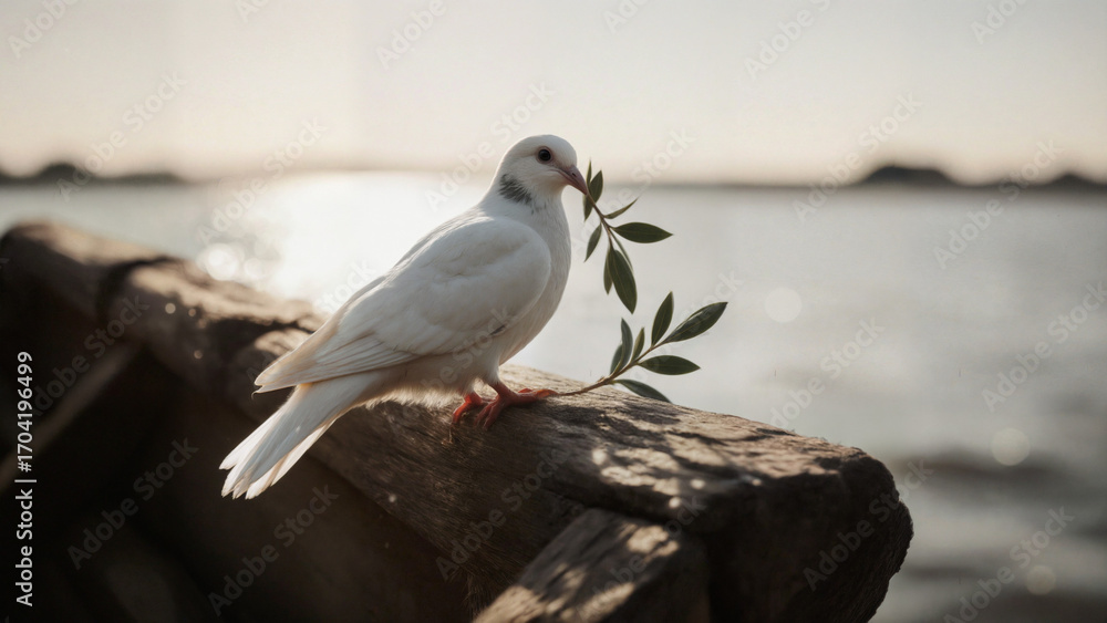 Obraz premium 나뭇가지를 문 비둘기와 평화의 상징적인 장면