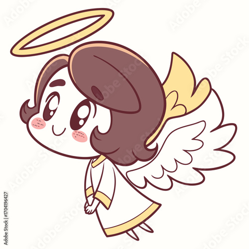 Adorable cartoon angel with brown hair white wings and a golden halo smiling sweetly with blush on cheeks depicted in a charming and whimsical illustration style for various positive themes