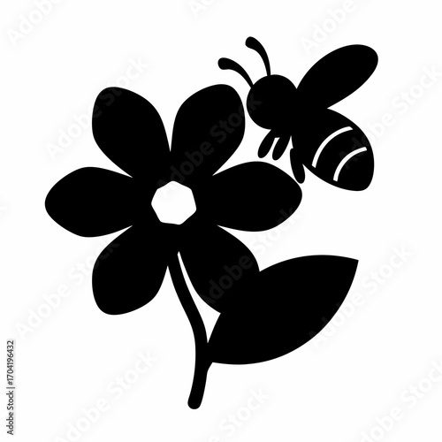 Silhouette of a bee approaching a blooming flower with leaves on stem