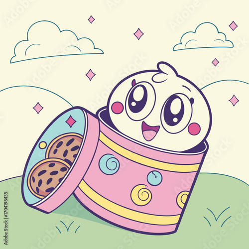 Adorable cartoon character peeking out of a cookie tin filled with delicious chocolate chip cookies set against a whimsical pastel background with clouds and stars