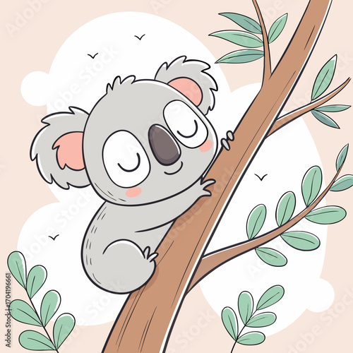 Adorable cartoon koala bear sleeping peacefully on a tree branch surrounded by soft clouds and green eucalyptus leaves in a charming illustration style