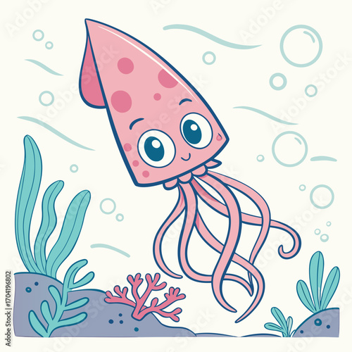 Adorable cartoon pink squid with big blue eyes and tentacles swims joyfully in a light blue ocean with seaweed and bubbles