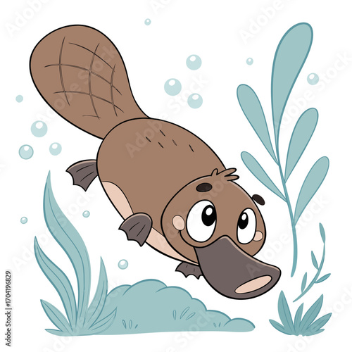 Adorable cartoon platypus swimming happily underwater surrounded by aquatic plants and bubbles perfect for children s illustrations and educational content
