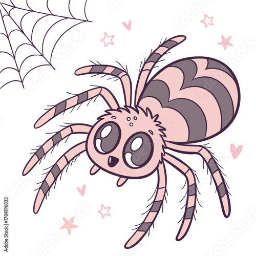Adorable cartoon spider with big eyes and striped legs surrounded by a spiderweb hearts and stars perfect for halloween or children s designs
