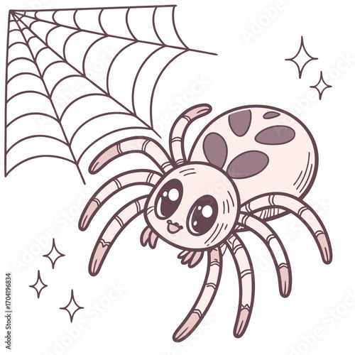 Adorable cartoon spider with big eyes and a friendly smile next to a delicate spider web with sparkling stars perfect for halloween or children s designs