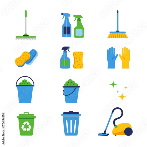 Set of colorful flat icons representing various cleaning tools and supplies for housekeeping and sanitation services