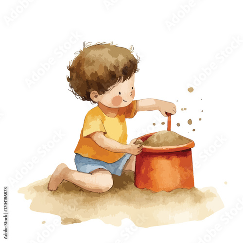 Playful Child Enjoying Sandcastle Creation with Bucket and Sand on Beach