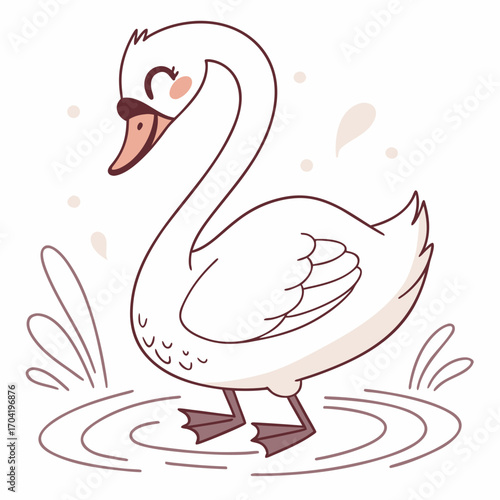 Adorable cartoon white swan with closed eyes and blush cheeks walking in water with gentle ripples and splashes perfect for children s illustrations and designs