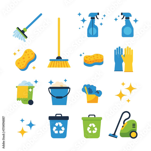 Collection of flat design cleaning service icons. Housekeeping tools and hygiene equipment vector illustration set for home or commercial use