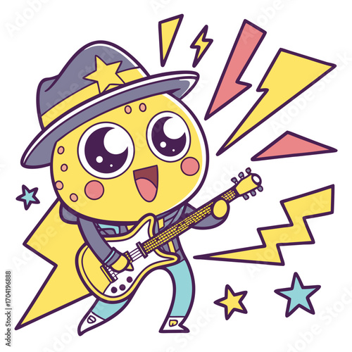 Adorable cartoon yellow character with big eyes and a hat playing an electric guitar with lightning bolts and stars around it in a fun and energetic illustration