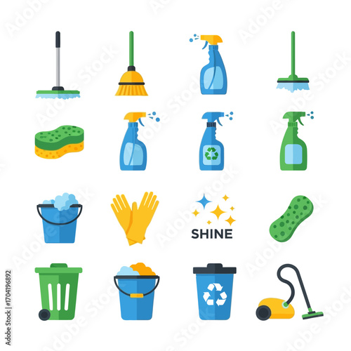 A comprehensive collection of flat design icons representing various household cleaning tools and sanitation equipment