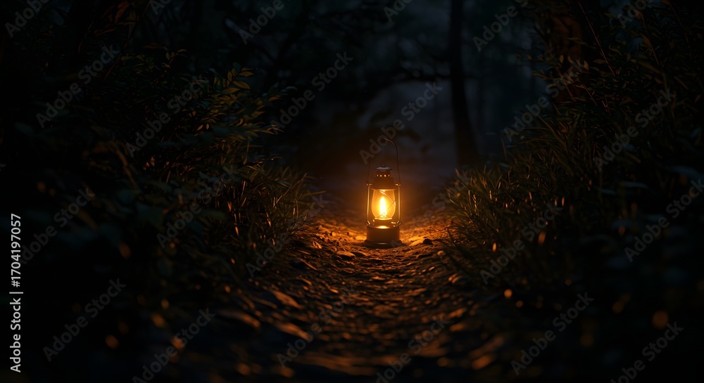 Fototapeta premium A glowing lantern showing path in darkness, symbol of guidance.