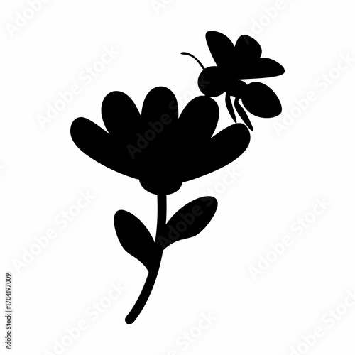 Silhouette of a single flower with a bee on a white background