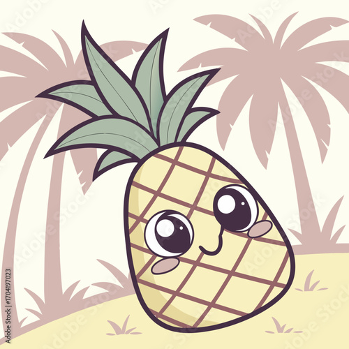 Adorable kawaii pineapple character with big eyes and blush cheeks smiling happily amidst tropical palm trees and sunny beach landscape
