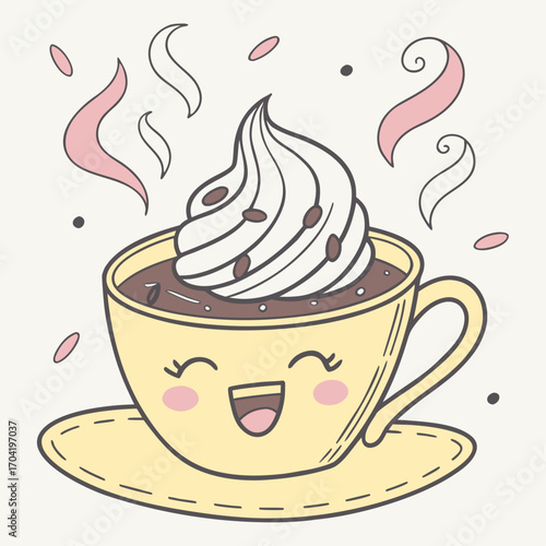 Adorable kawaii style hot chocolate or coffee cup with whipped cream and coffee beans smiling happily with steam swirls and pink accents on a light background