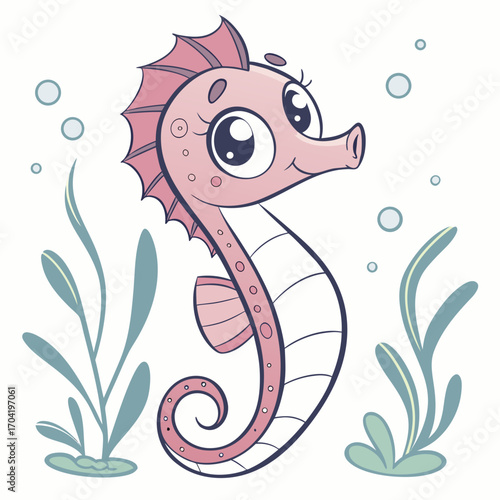 Adorable pink cartoon seahorse with big eyes and swirling tail surrounded by bubbles and seaweed in a whimsical underwater scene