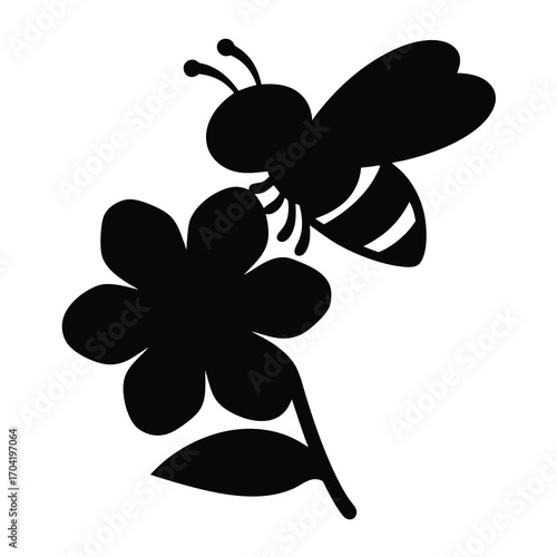 Black silhouette of a bee near flower, symbol of nature and honey