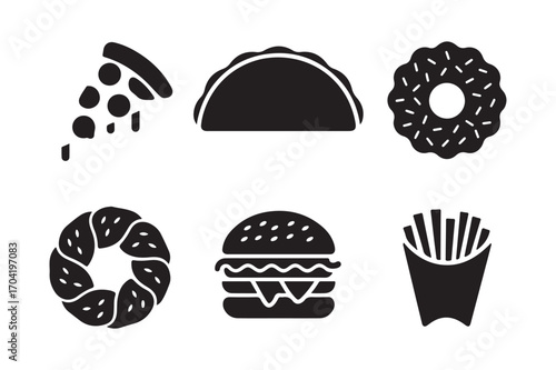 Collection of fast food icons in black and white