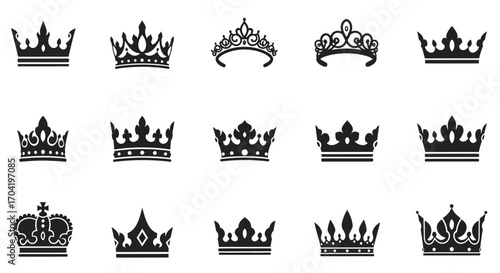 A diverse assortment of regal insignia, featuring isolated black and white silhouettes of monarch crowns and tiaras