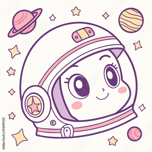 Cute cartoon astronaut girl with big eyes and pink cheeks wearing a helmet surrounded by stars and planets in a whimsical space scene illustration