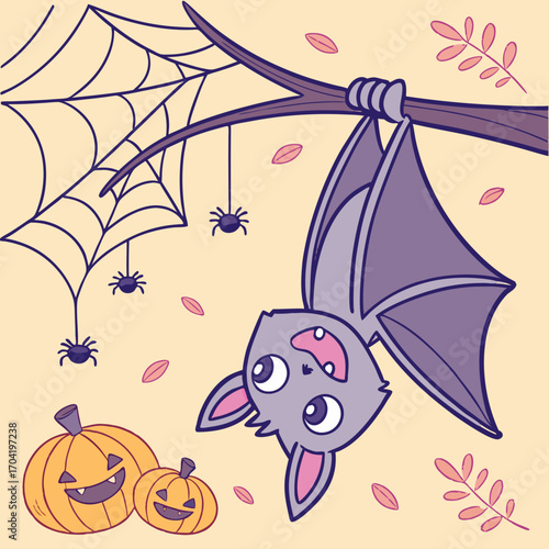 Cute cartoon bat hanging upside down from a tree branch with a spiderweb and pumpkins below for a spooky and fun halloween celebration