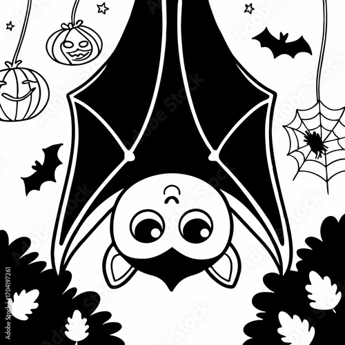 Cute cartoon bat hanging upside down surrounded by halloween decorations like pumpkins bats spiderwebs stars and autumn leaves in a simple black and white line art style