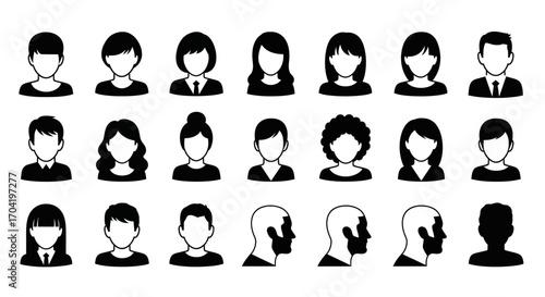 A comprehensive set of flat black icons depicting business team structures, social networks, and community engagement