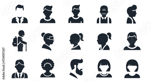 Set of minimalist vector graphic people avatars. Simple head and shoulder icons showing diverse character silhouettes for user profiles