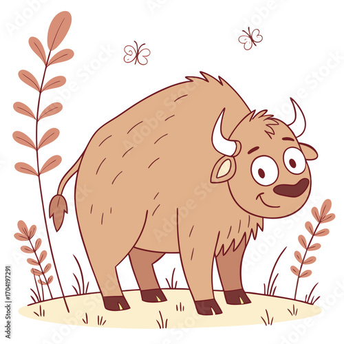 Cute cartoon bison standing in a field with grass and plants surrounded by small butterflies whimsical illustration for children