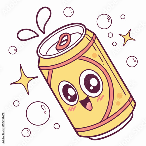 Cute happy yellow soda can character with big eyes and a smile surrounded by bubbles and sparkles vector illustration kawaii style fun beverage concept