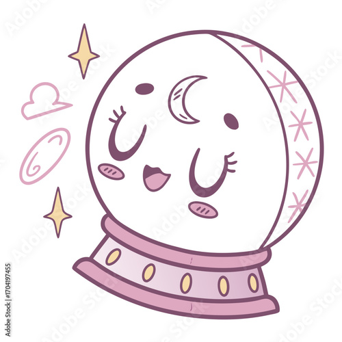 Cute kawaii crystal ball character with moon face and stars illustration for mystical and fortune telling themes