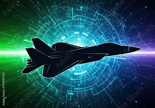 Stealth fighter jet silhouette flies through futuristic digital interface evoking defense technology innovation and industry advancement with