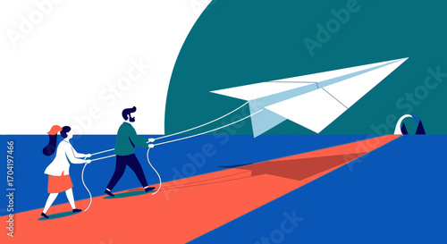 Two business people collaborating to launch a large paper airplane, symbolizing a startup or project, while avoiding a shark fin representing risk and challenges.