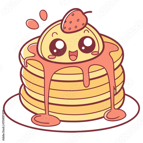 Cute kawaii pancake stack character with strawberry and syrup drips on a white plate adorable breakfast food illustration for children and food lovers