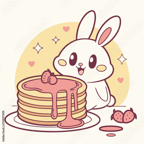 Cute kawaii white bunny rabbit enjoying a stack of delicious pancakes topped with pink syrup and fresh strawberries on a pastel yellow background with hearts and stars