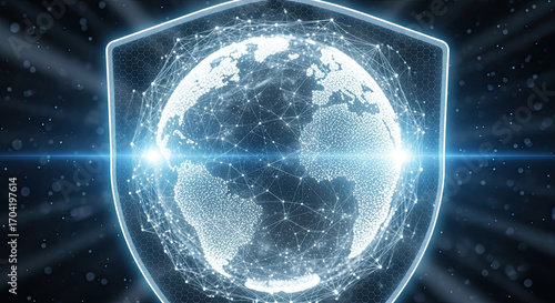 Global network shield defense industry protecting digital globe with glowing connection nodes and secure technology ambiance inspiring trust